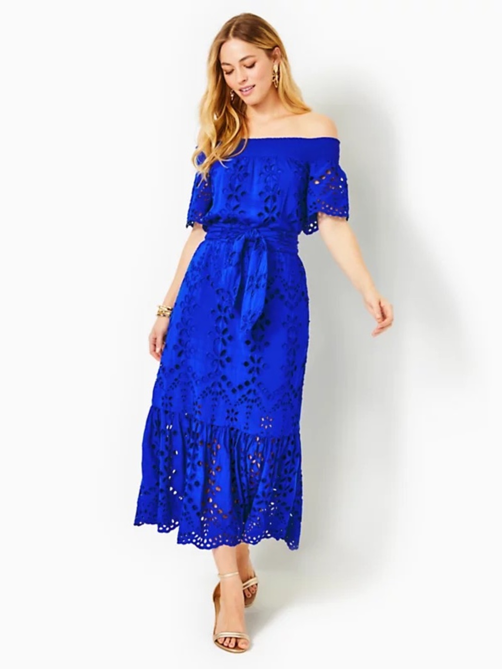 Lilly Pulitzer Off-Shoulder Eyelet Midi Dress in Cobalt